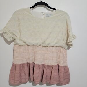 HAYDEN WOMEN'S COLOR BLOCK RUFFLED SHORT SLEEVE TIERED PINK CREAM COLOR SIZE M